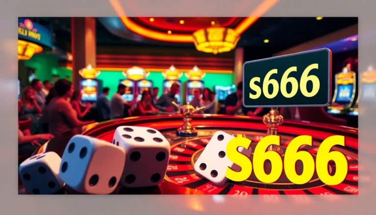 Experience the excitement of s666 at a lively roulette table with rolling dice and glowing slot machines.