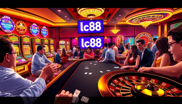 Enjoy the thrilling atmosphere of a vibrant casino with lc88 gaming options, featuring blackjack tables and spinning roulette wheels.