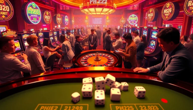PH222 players engaging in high-stakes gambling at a vibrant casino, showcasing roulette and slot machines in action.
