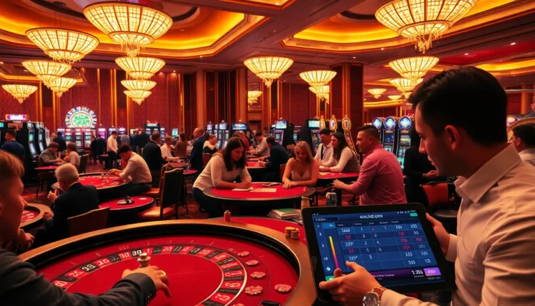 Exciting scene of gamblers at casino tables with betting odds from https://enew88.com/ in the digital display.