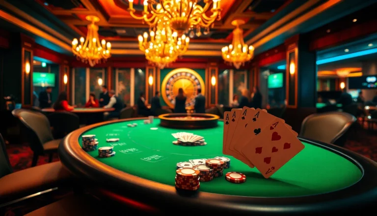 Thrilling poker table scene capturing the excitement of 58win casino games with vibrant chips and cards.
