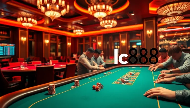 Players engaged in a thrilling poker game at the LC88 casino, surrounded by vibrant colors and exciting atmosphere.