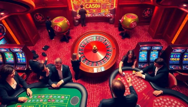Go8 casino scene showcasing vibrant action with players at roulette, poker tables, and slot machines.