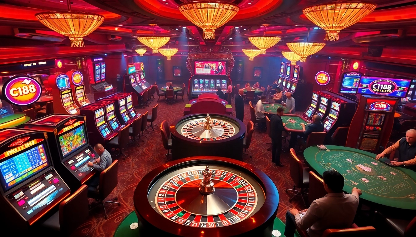Spin the C168 roulette wheel amidst a lively casino atmosphere with players and vibrant slots.