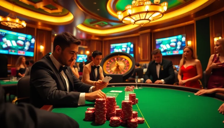 Players enjoying a high-stakes poker game at https://okadabooks.com/ casino, with chips and cards creating excitement.