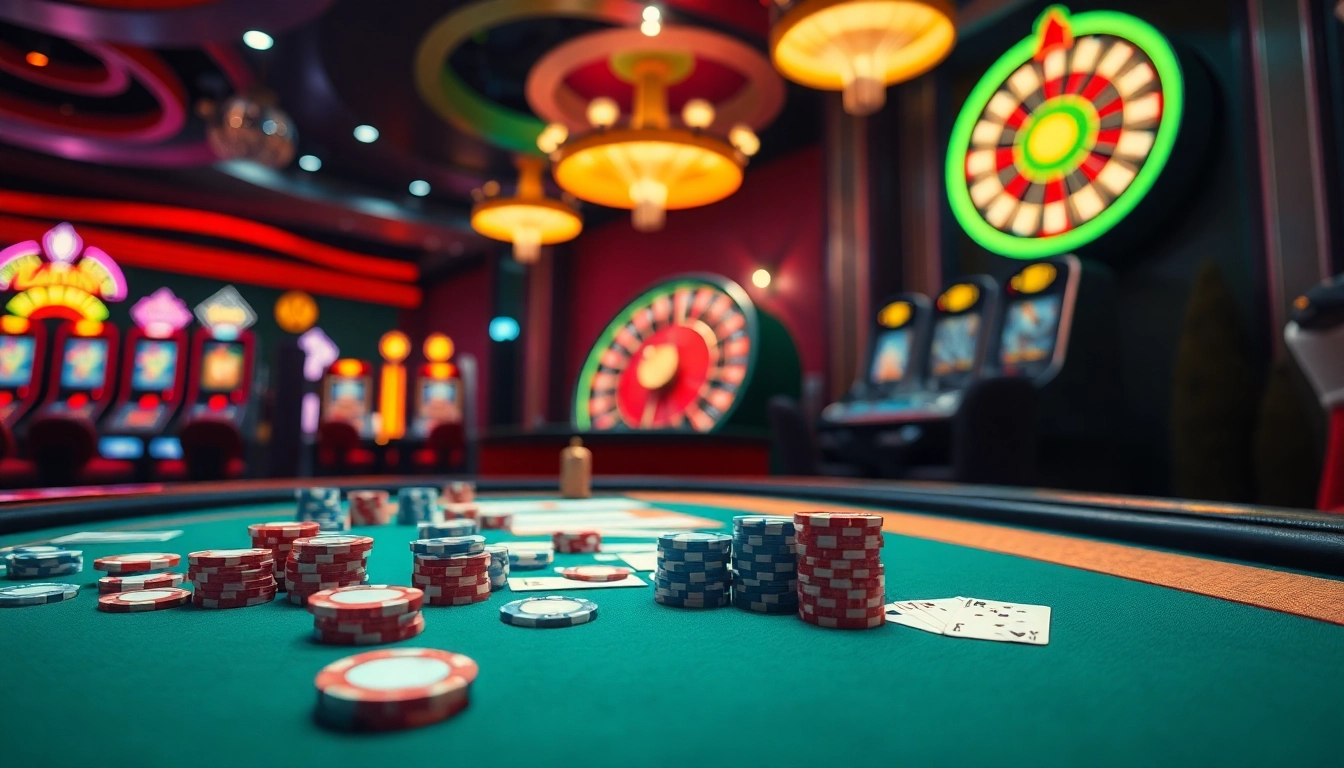 Experience the thrill of the OKFUN casino atmosphere with vibrant gameplay, poker chips, and roulette wheels.