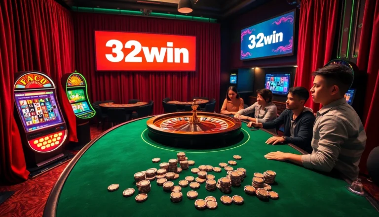 32win showcases an exciting casino atmosphere with players at roulette tables, vibrant slot machines, and poker chips scattered around.