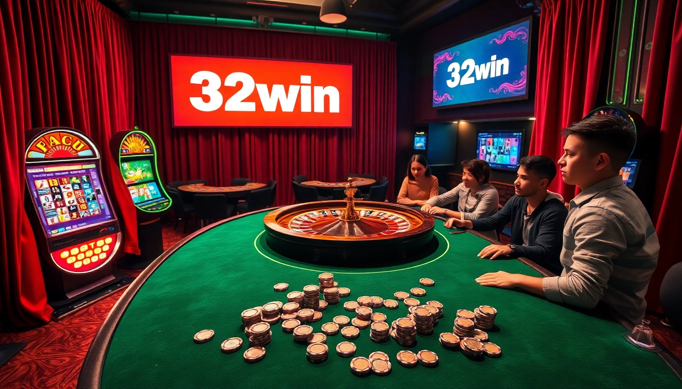 32win showcases an exciting casino atmosphere with players at roulette tables, vibrant slot machines, and poker chips scattered around.