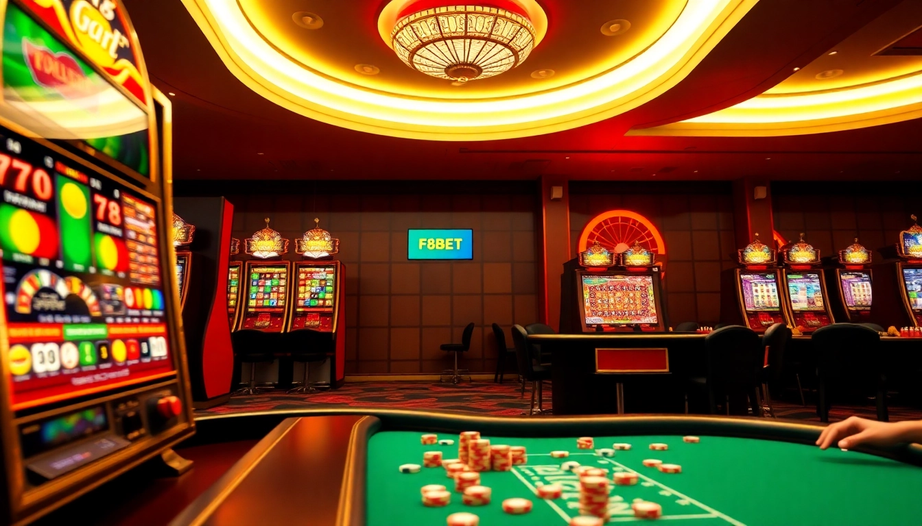Experience thrilling gameplay with F8BET's engaging casino atmosphere featuring dynamic slot machines and roulette wheels.