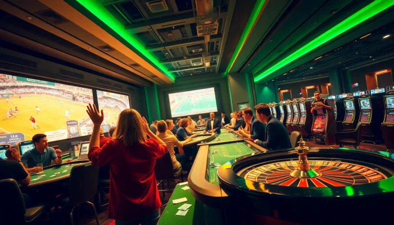 Exciting gambling scene showcasing thể thao C168 with poker tables, betting slips, and enthusiastic players.