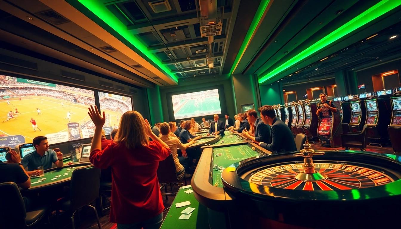 Exciting gambling scene showcasing thể thao C168 with poker tables, betting slips, and enthusiastic players.