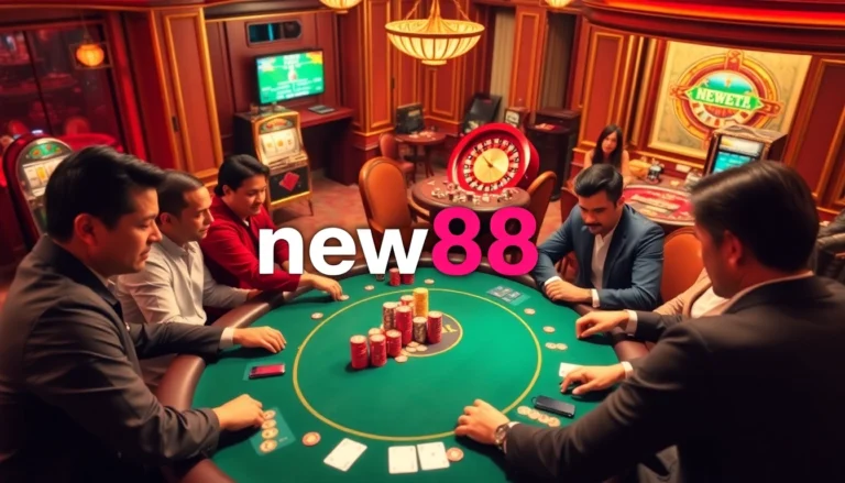 Players strategizing in an intense poker game at new88 casino, vibrant colors and warm lights enhancing the experience.