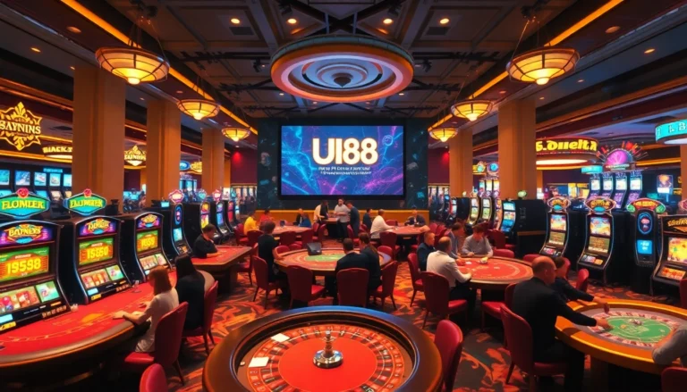 Experience an exciting UU88 casino environment with players at vibrant tables and dynamic slot machines.