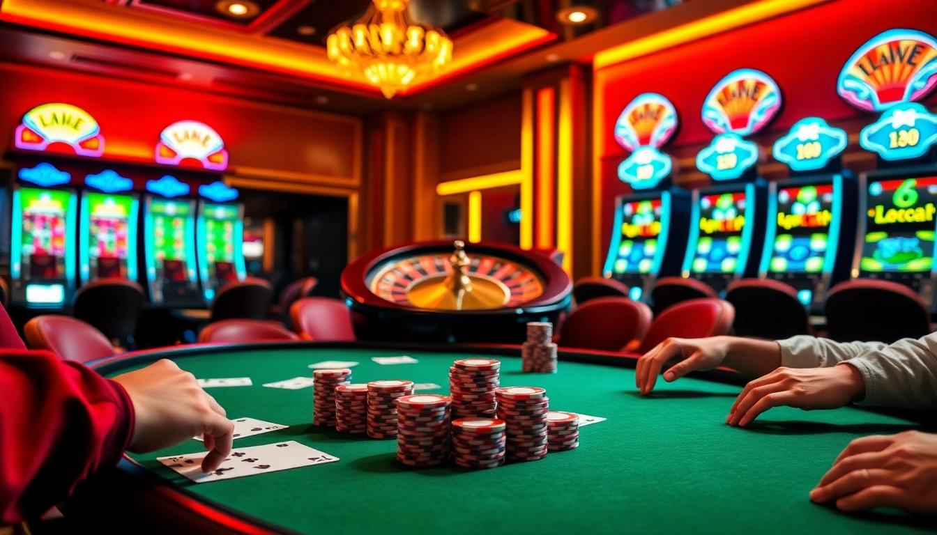 LC88 poker players on a vibrant table, showcasing thrilling casino action and excitement.